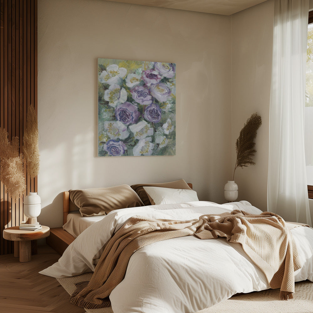 Bloemencompositie met witte en paarse bloemen | Canvas