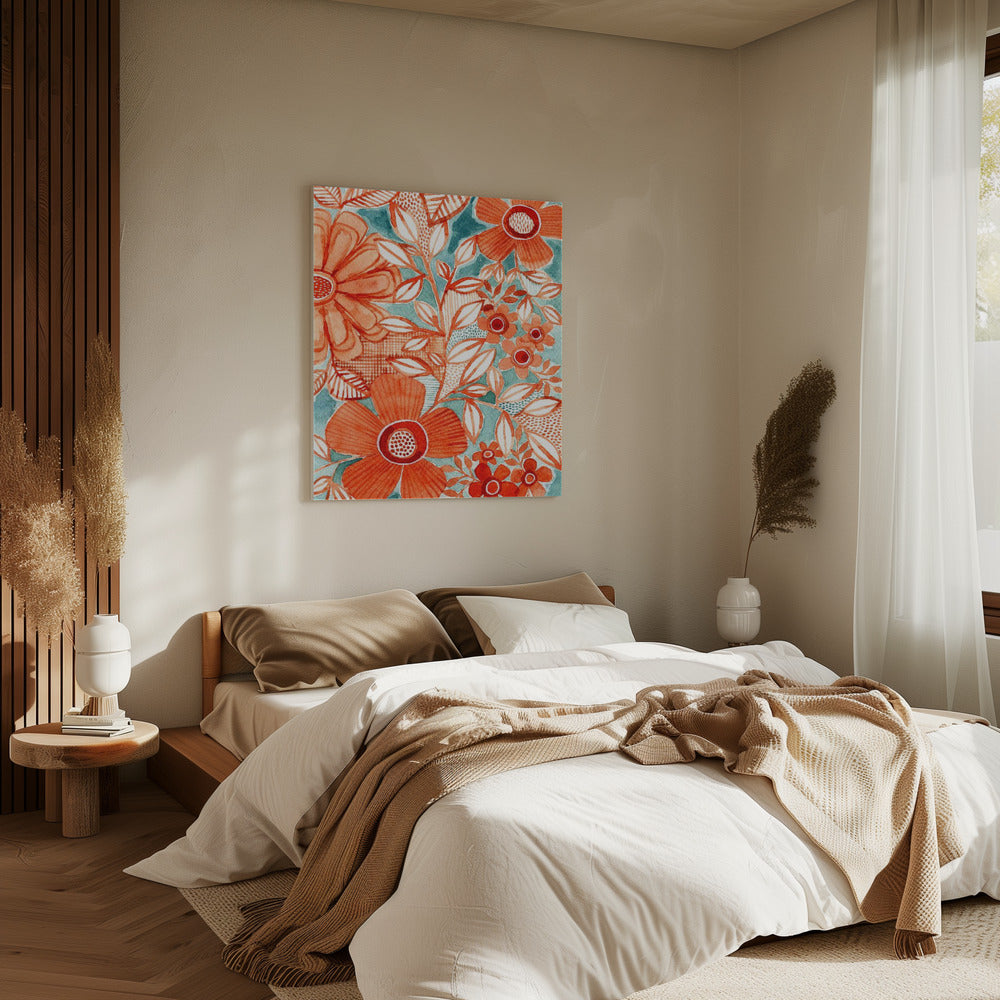 Rode madeliefjes met aqua | Canvas