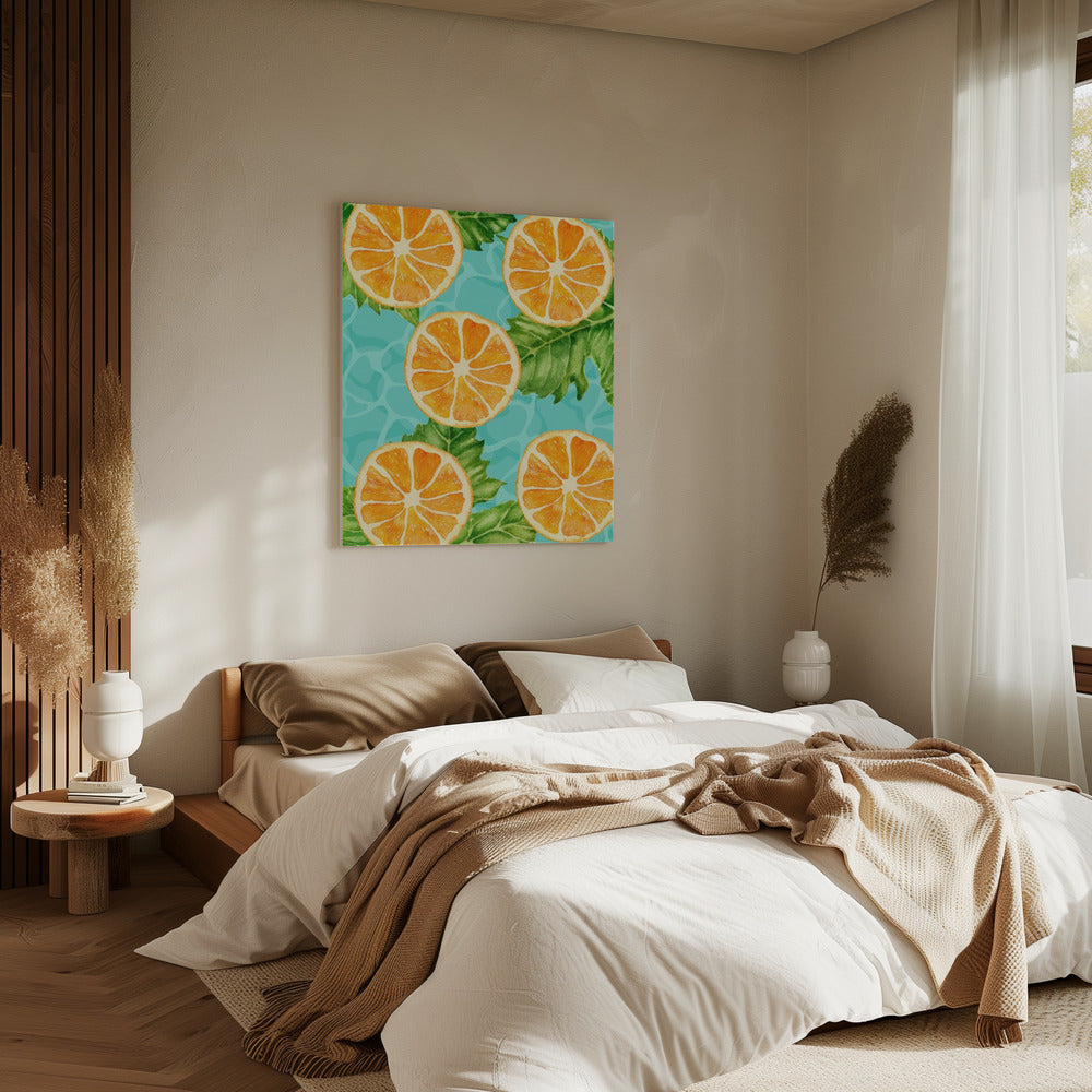 Levendig esthetisch patroon van sinaasappelschijfjes en bladeren - Verfrissende zomerse aquarel | Canvas
