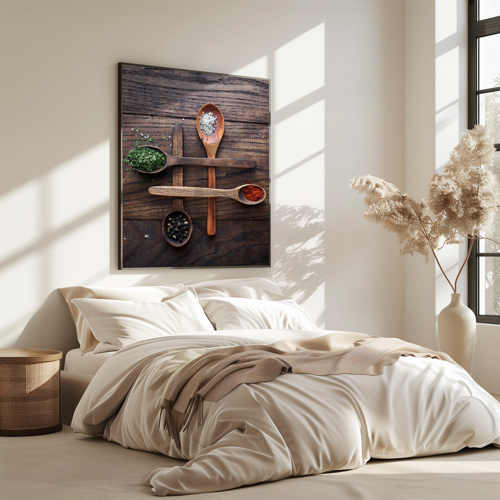 Houten lepels met kleurrijke kruiden | Poster