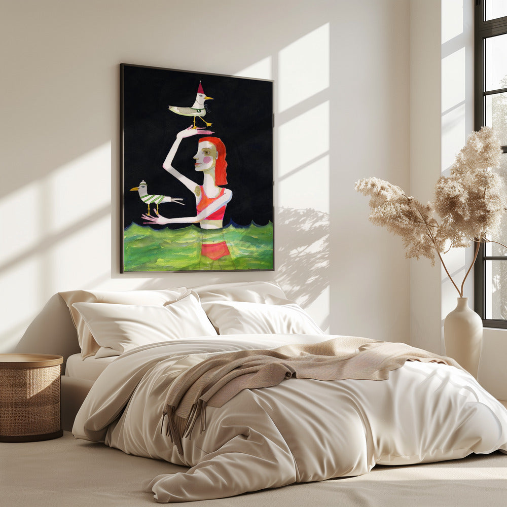 Swimming Lady with birds | Poster
