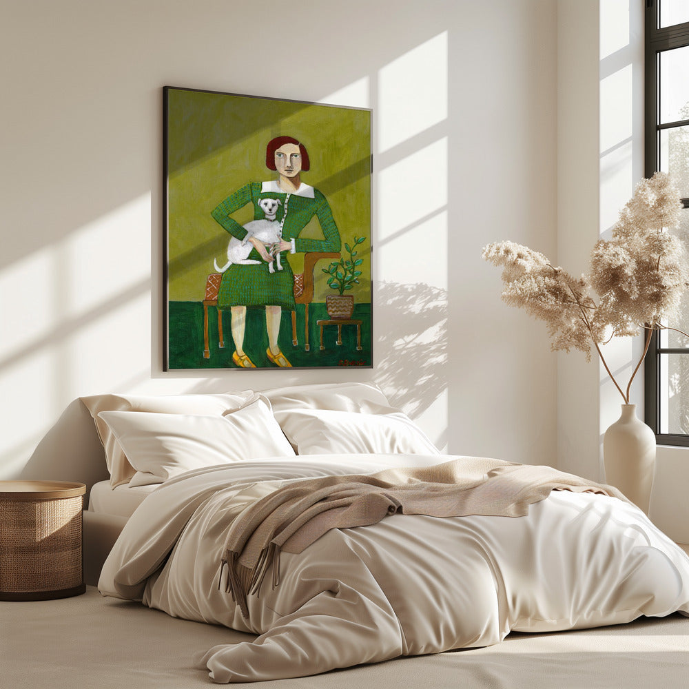 Vintage dame met haar witte hond | Poster