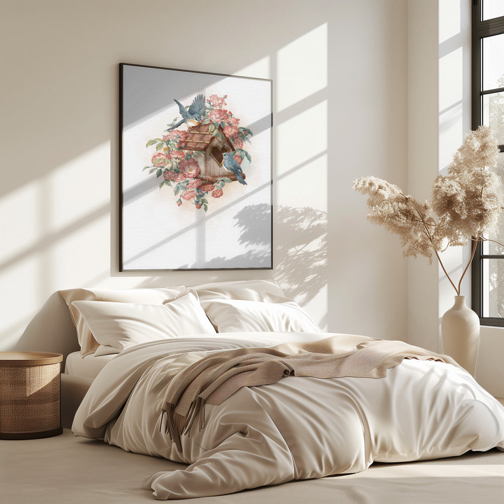 Vogelhuisje en roos | Poster