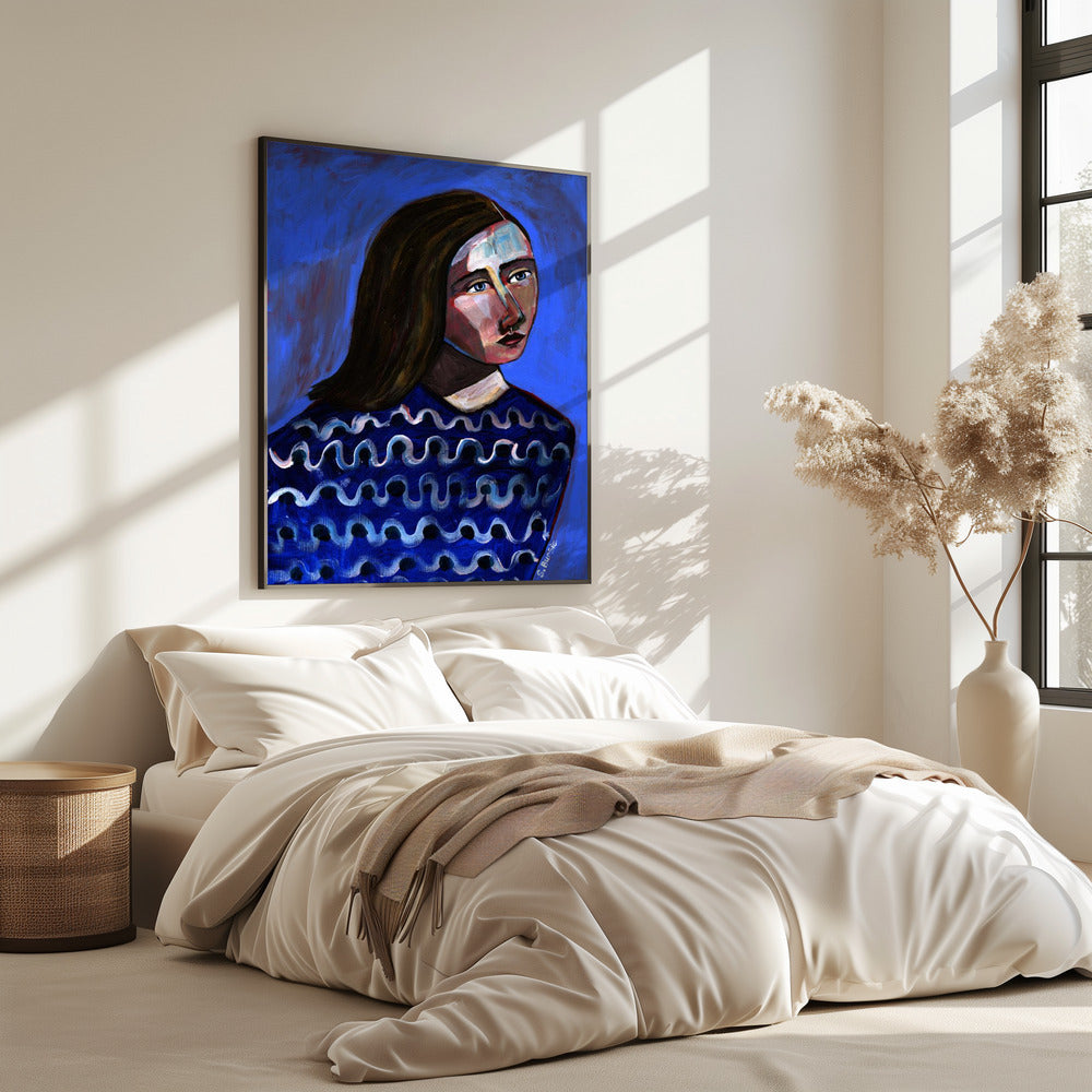 Vrouw in blauwe trui Naïef portret figuratief | Poster
