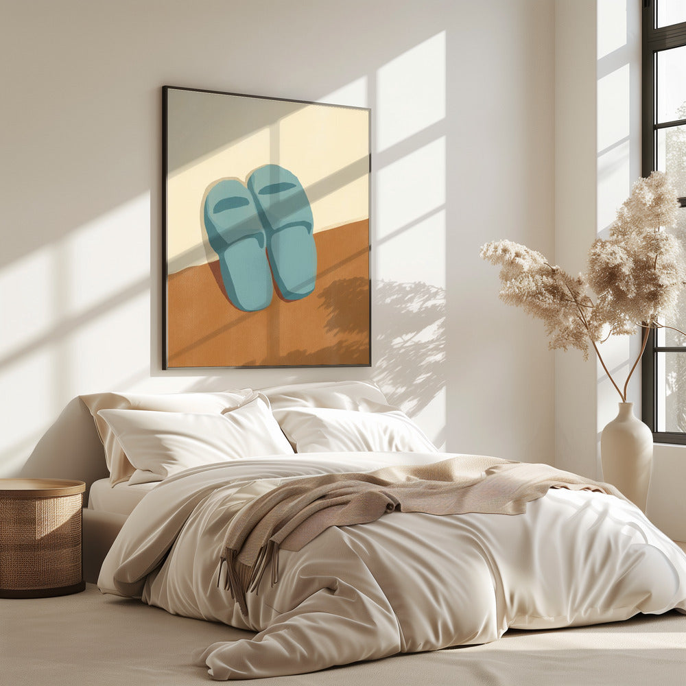 Blauwe pantoffels op een bruine en beige achtergrond | Poster