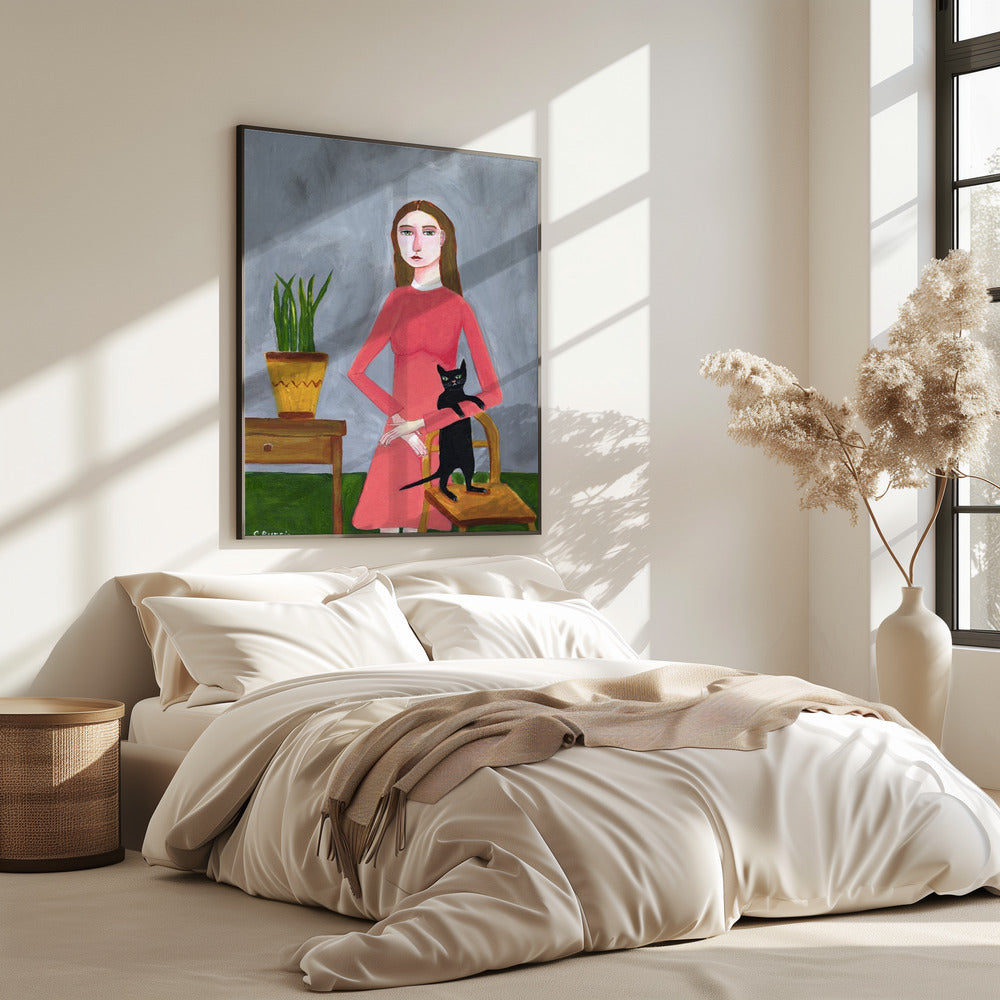 Kattenvrouw met zwarte kat | Poster