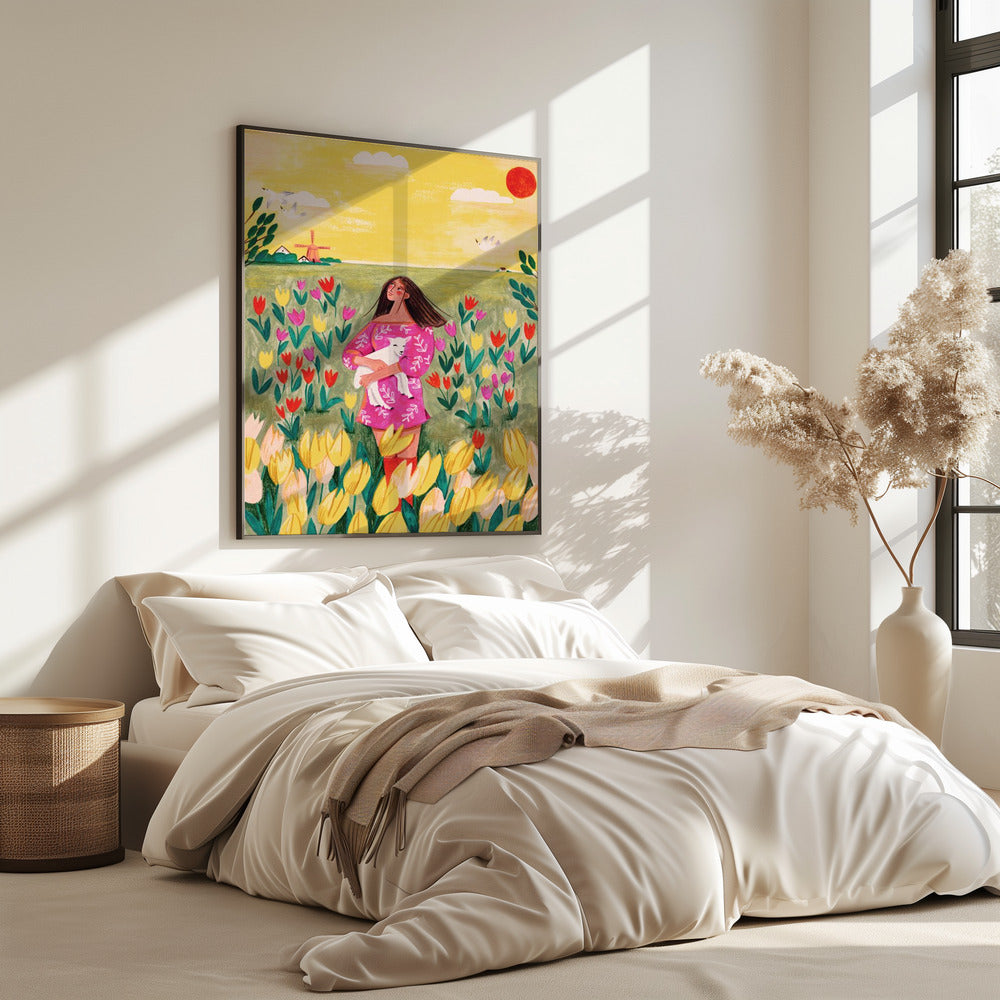 Woman in spring tulip field | Poster