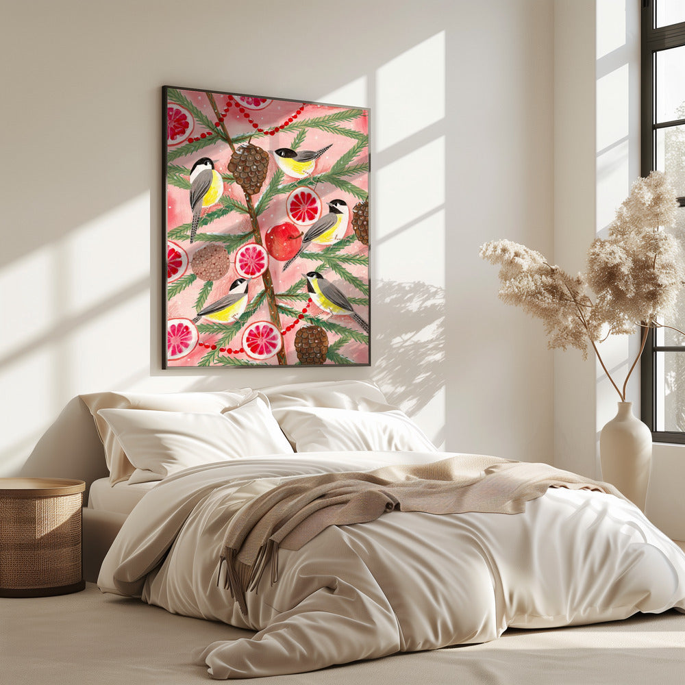 Wintervogels Mezen in de dennenboom met Kerstmis | Poster