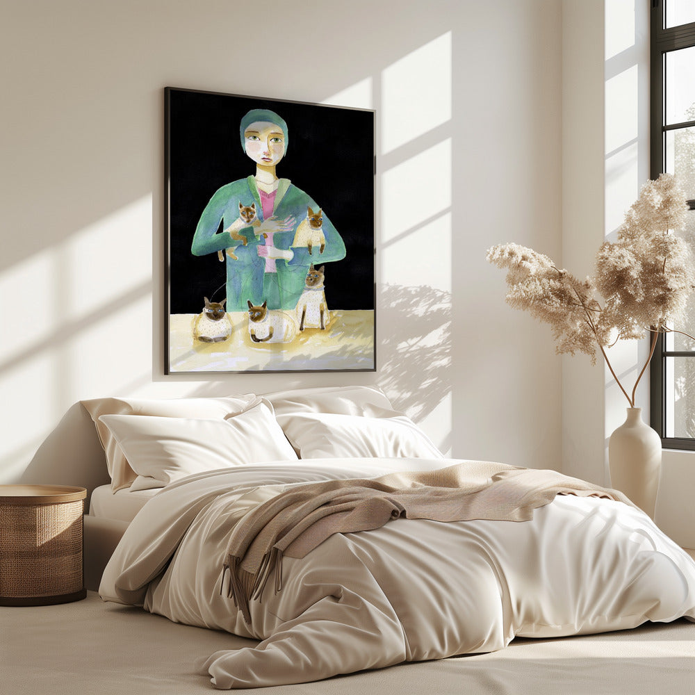 Dame met vijf Siamese katten | Poster