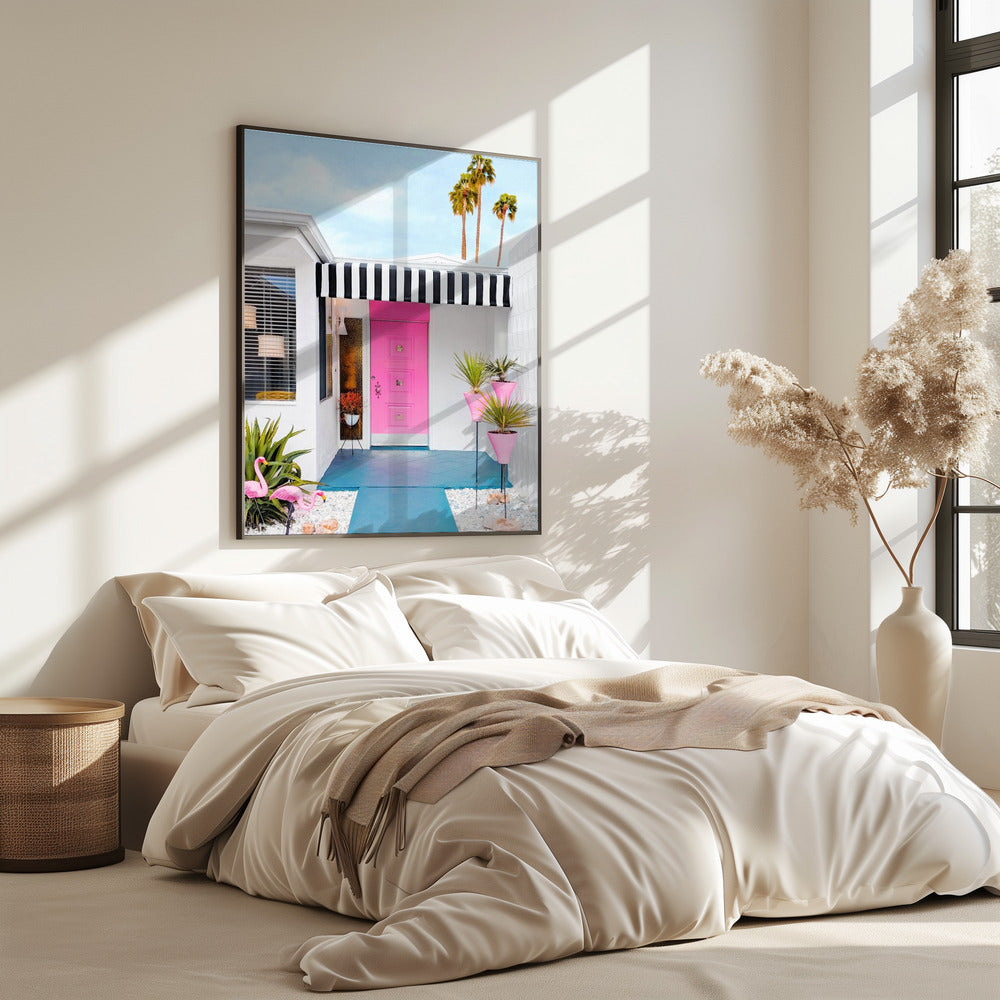 Roze deur met tuinflamingo's | Poster