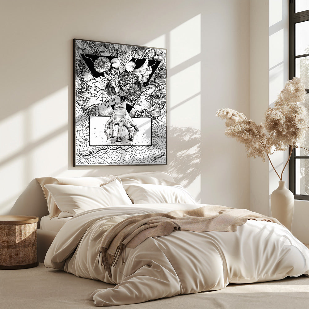 Bloemig ding. Abstracte tekening van een boeket bloemen in de hand. | Poster