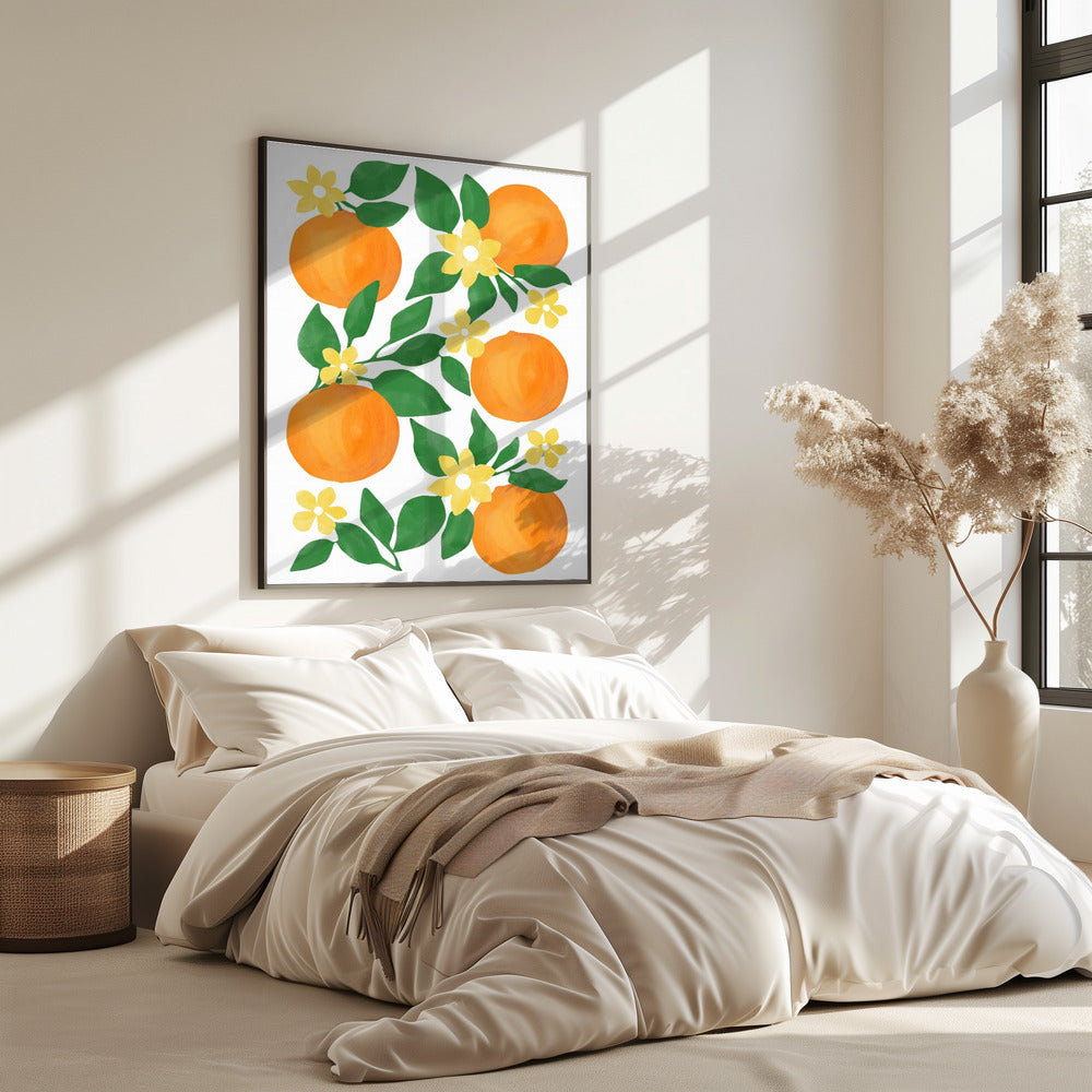 Sinaasappels met groene bladeren en delicate gele bloemen | Poster