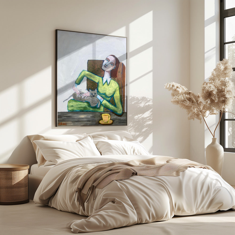 Lady tickling grey cat in chair | Poster