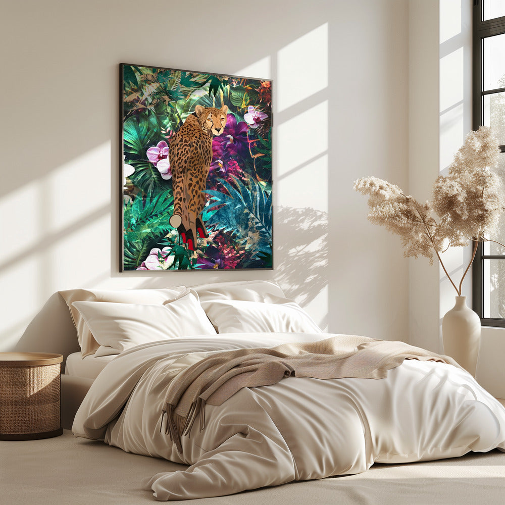 Tropische bloemenjungle - Cheetah op hakken | Poster