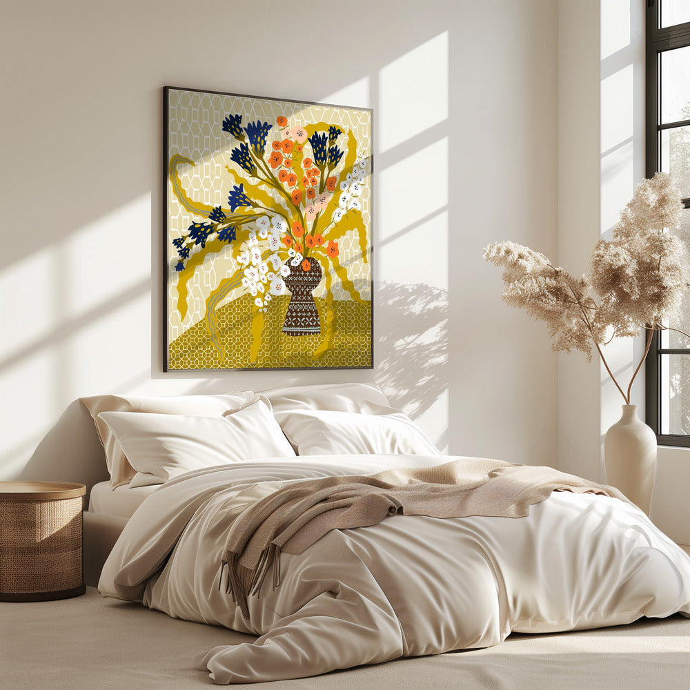 Bloemen hedendaags stilleven mosterdgeel | Poster