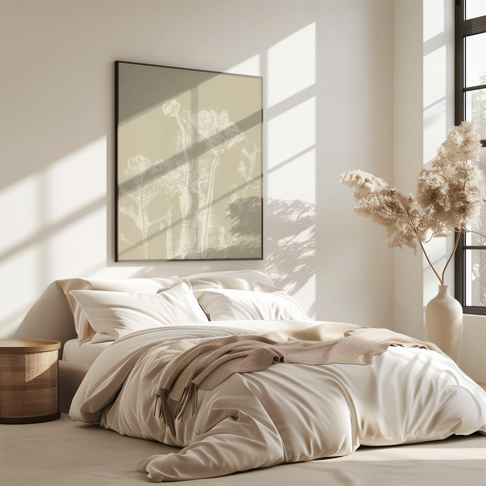 Abstracte bloemen. Witte weideplanten en bloemen op neutraal beige. | Poster