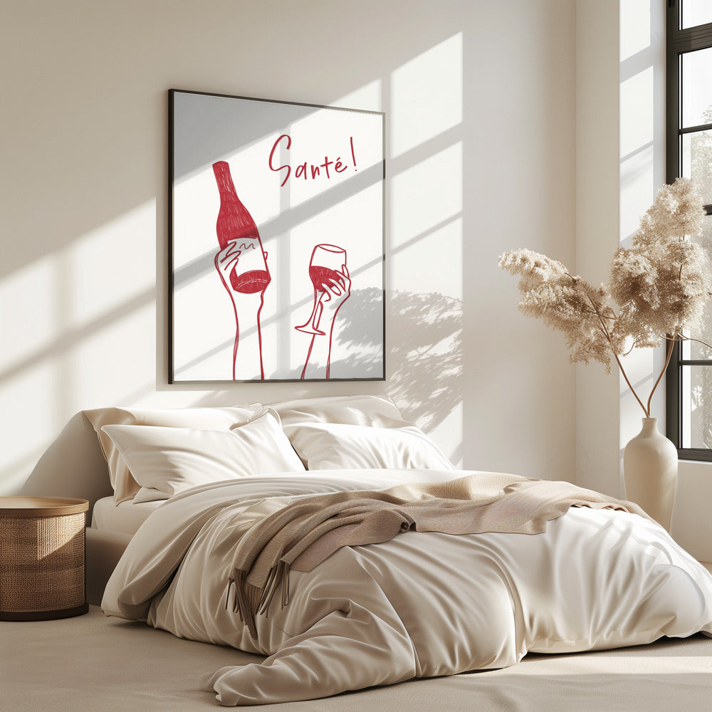 Handen met een fles wijn en een wijnglas met de tekst "Proost!" in het Frans | Poster