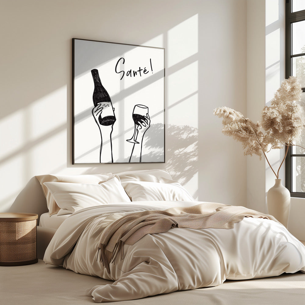 Hands holding a wine bottle and a wine glass with the text "Cheers!" in French | Poster