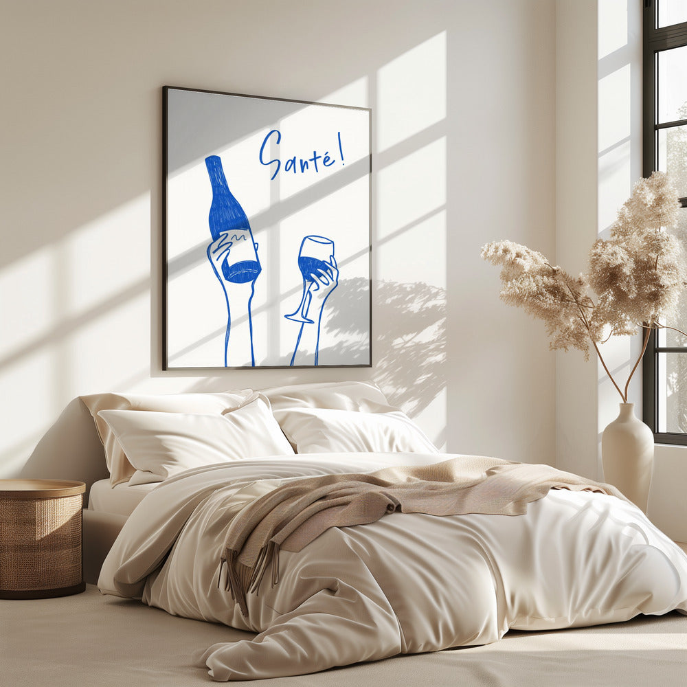 Hands holding a wine bottle and a wine glass with the text "Cheers!" in French | Poster