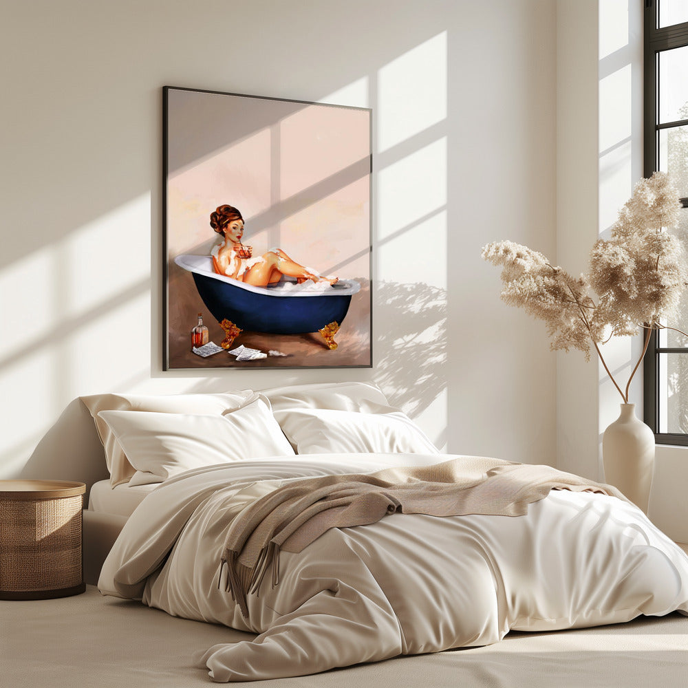 Badkuipdrankjes: Pinupmeisje drinkt in de badkamer | Poster