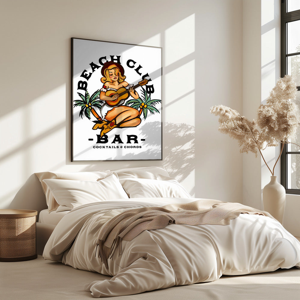 Beachclubbar. Pin-upgirl in Sailor Jerry-stijl speelt gitaar | Poster