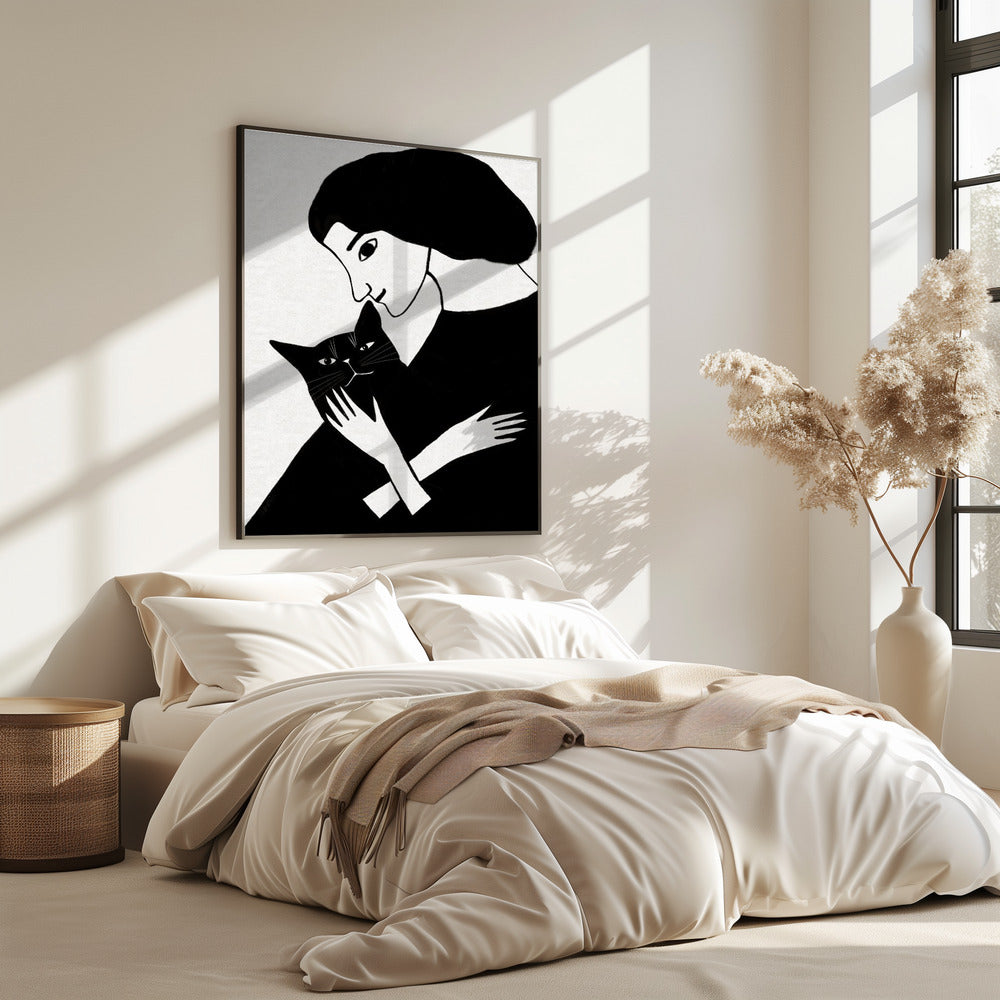 Kattenvrouw met zwarte kat | Poster