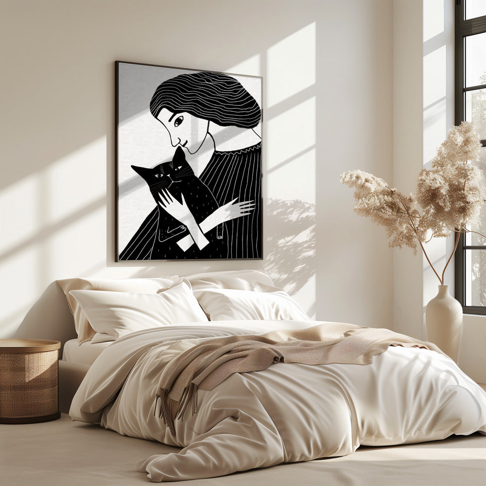 Kattenvrouw met zwarte kat | Poster