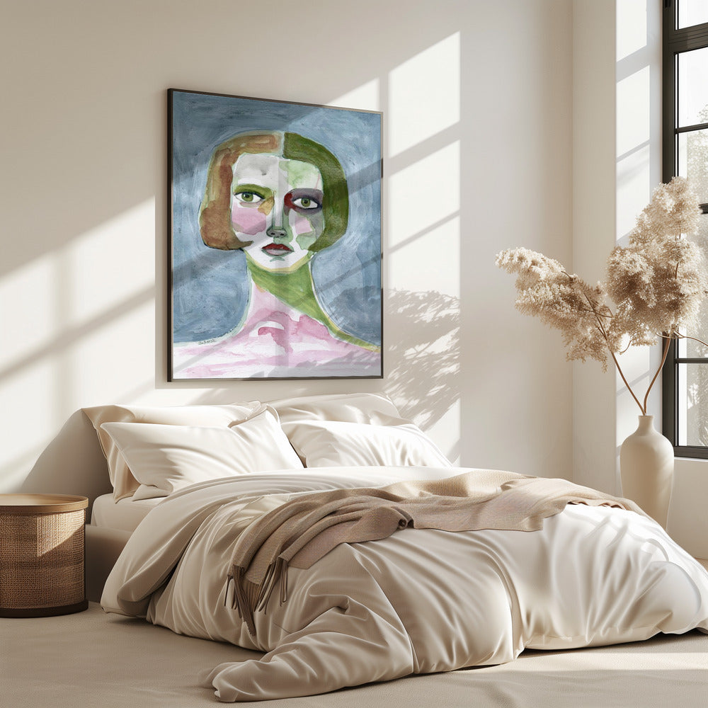 Dame met bobkapsel grijze achtergrond | Poster