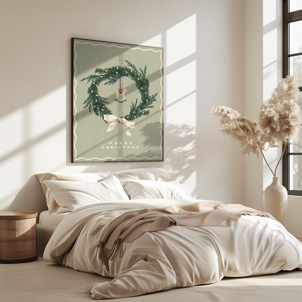Paardenspeelgoed op kerstkrans met strik | Poster
