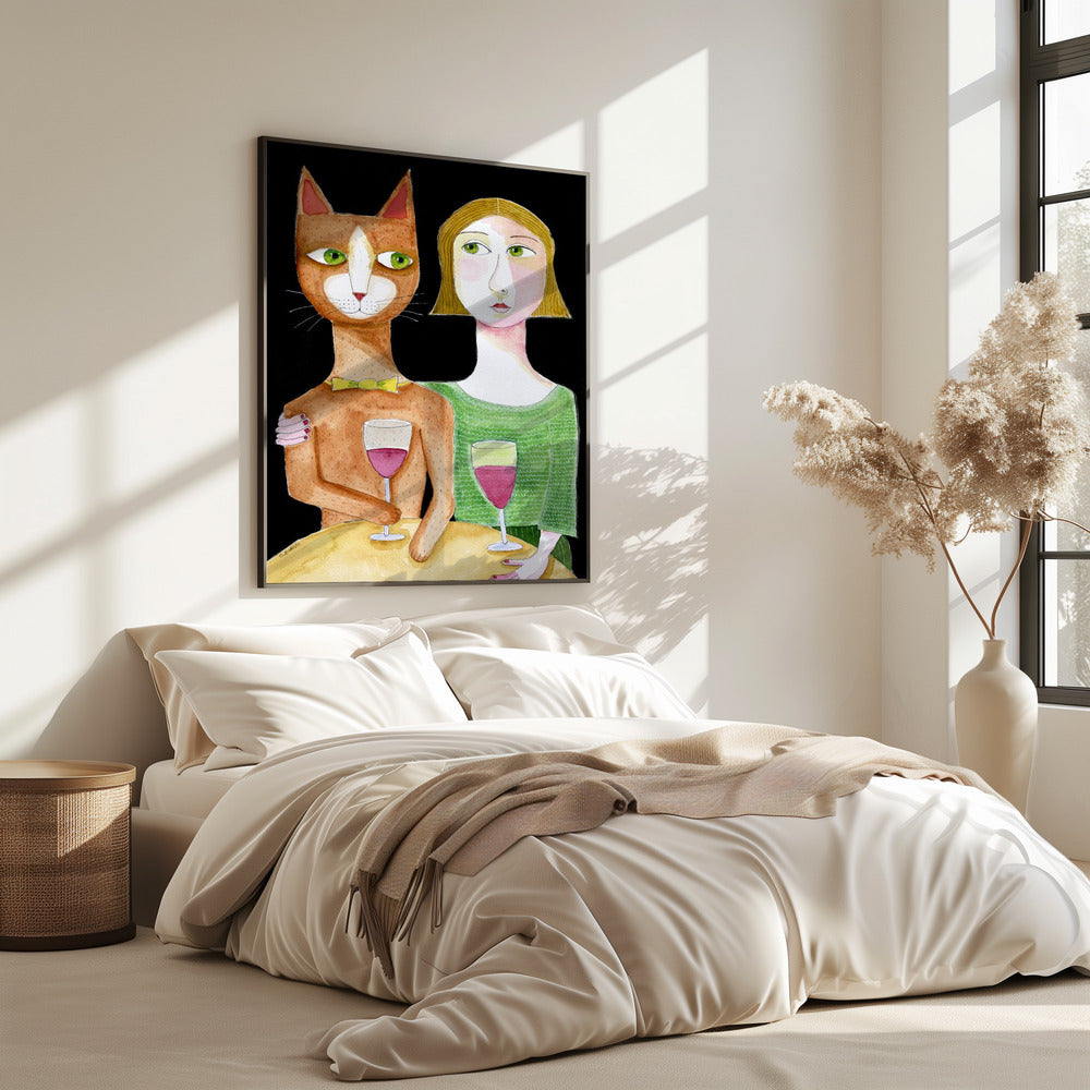 Beste vrienden Kat en Vrouw drinken wijn | Poster