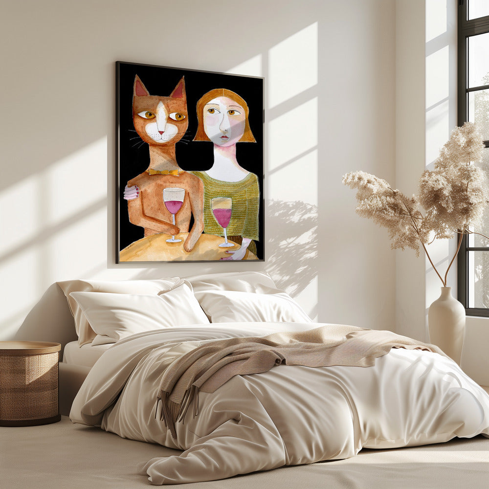 Beste vrienden Kat en Vrouw drinken wijn | Poster