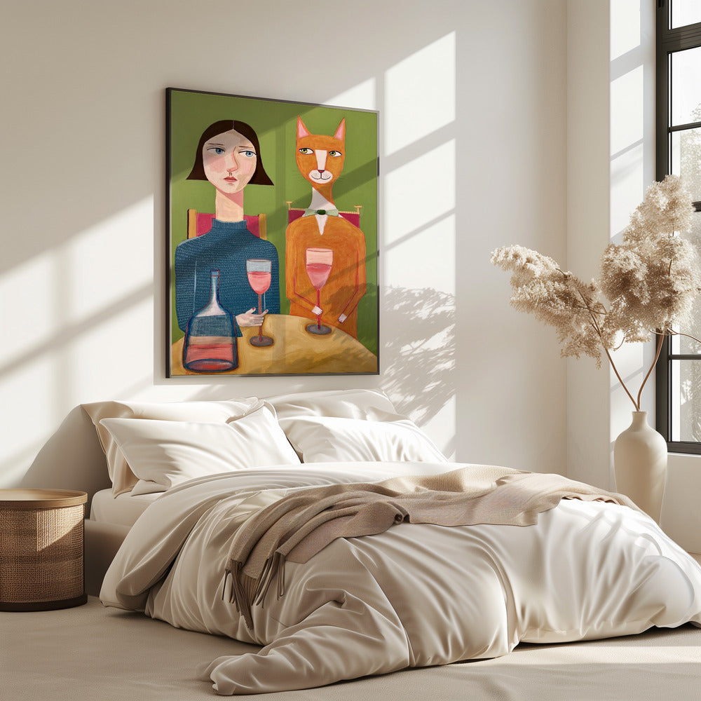 Dame en kat drinken wijn | Poster