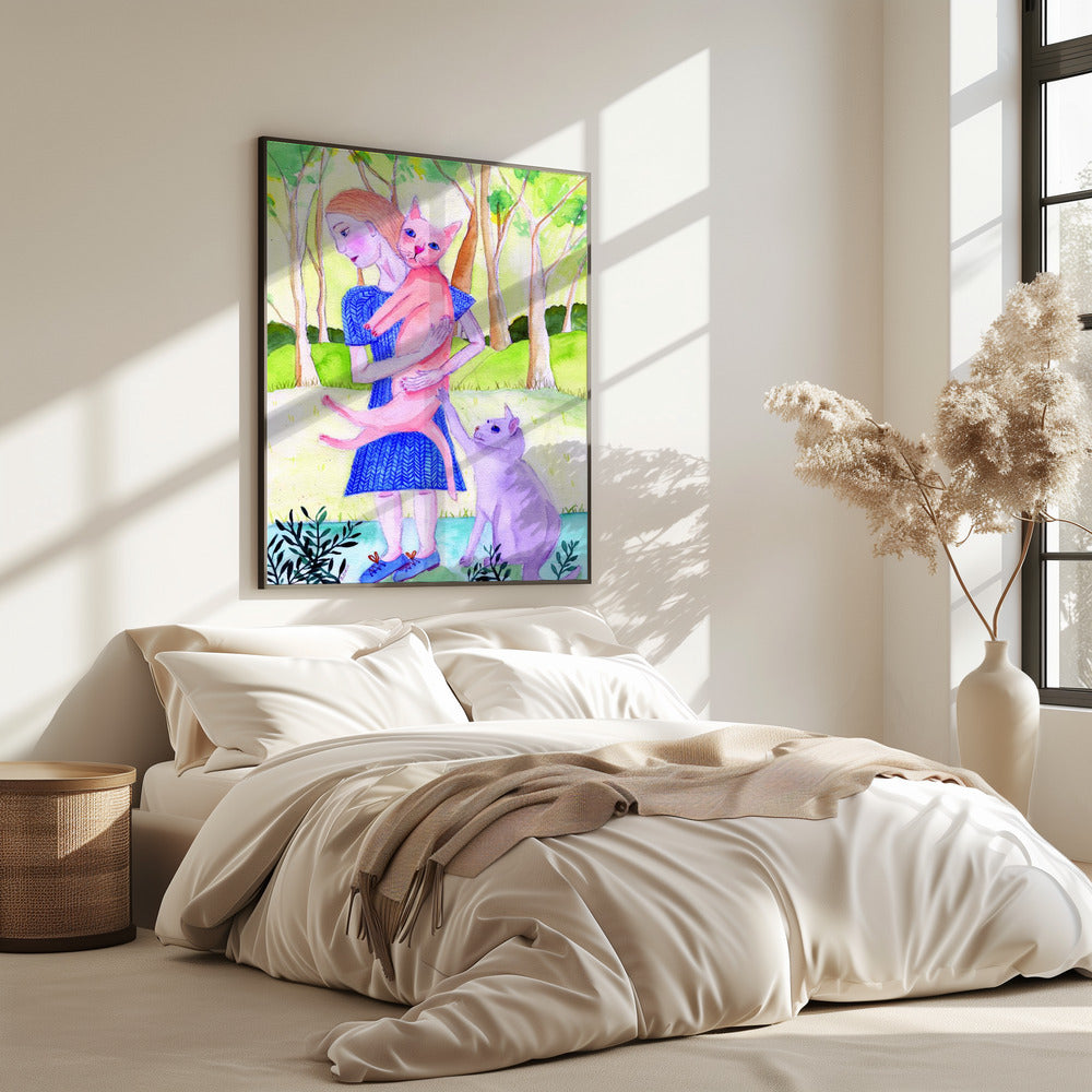 Dame met de roze en blauwe kat. | Poster