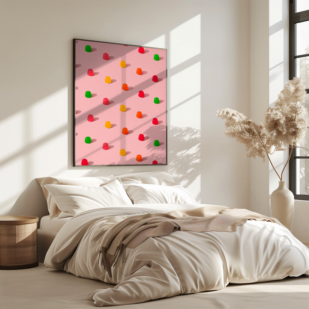 Stippen snoepgomdruppels - herhalend patroon op roze achtergrond | Poster