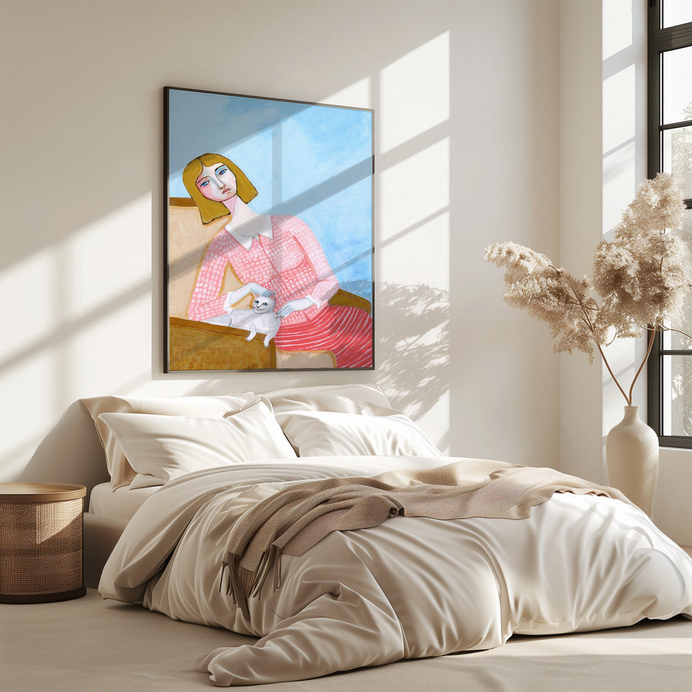 Dame met witte kat | Poster
