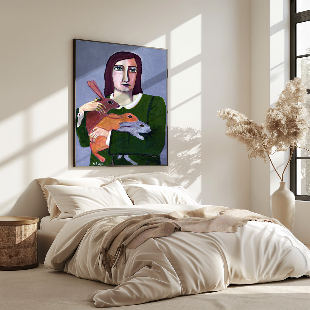 Dame met drie konijnen | Poster