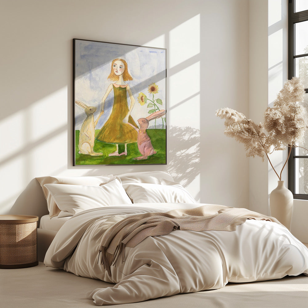 Meisje met haar konijnen | Poster
