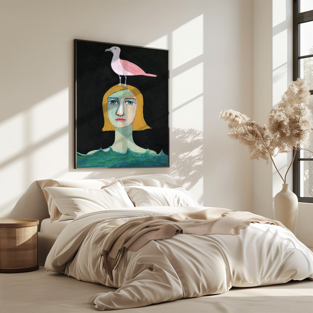 Zwemmend meisje met roze meeuw | Poster