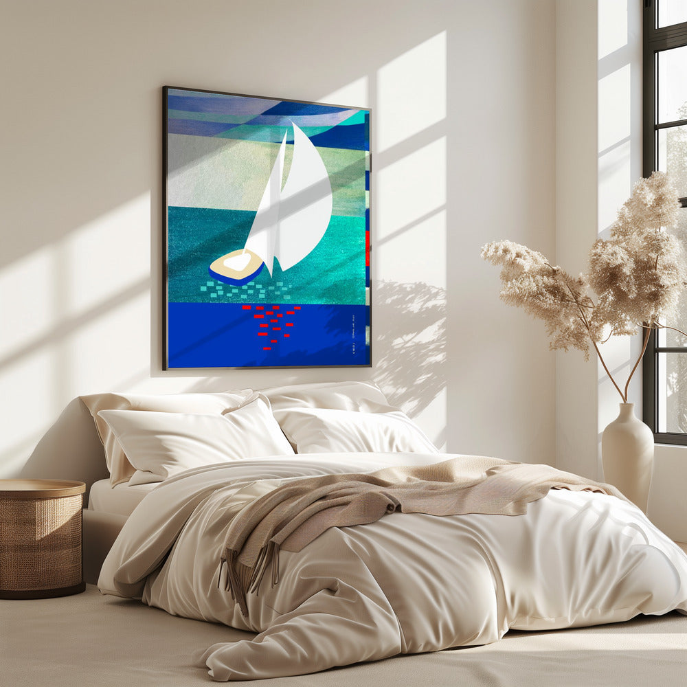 Witte zeilboot met reflecties, abstracte zeekunst met grafische strepen | Poster