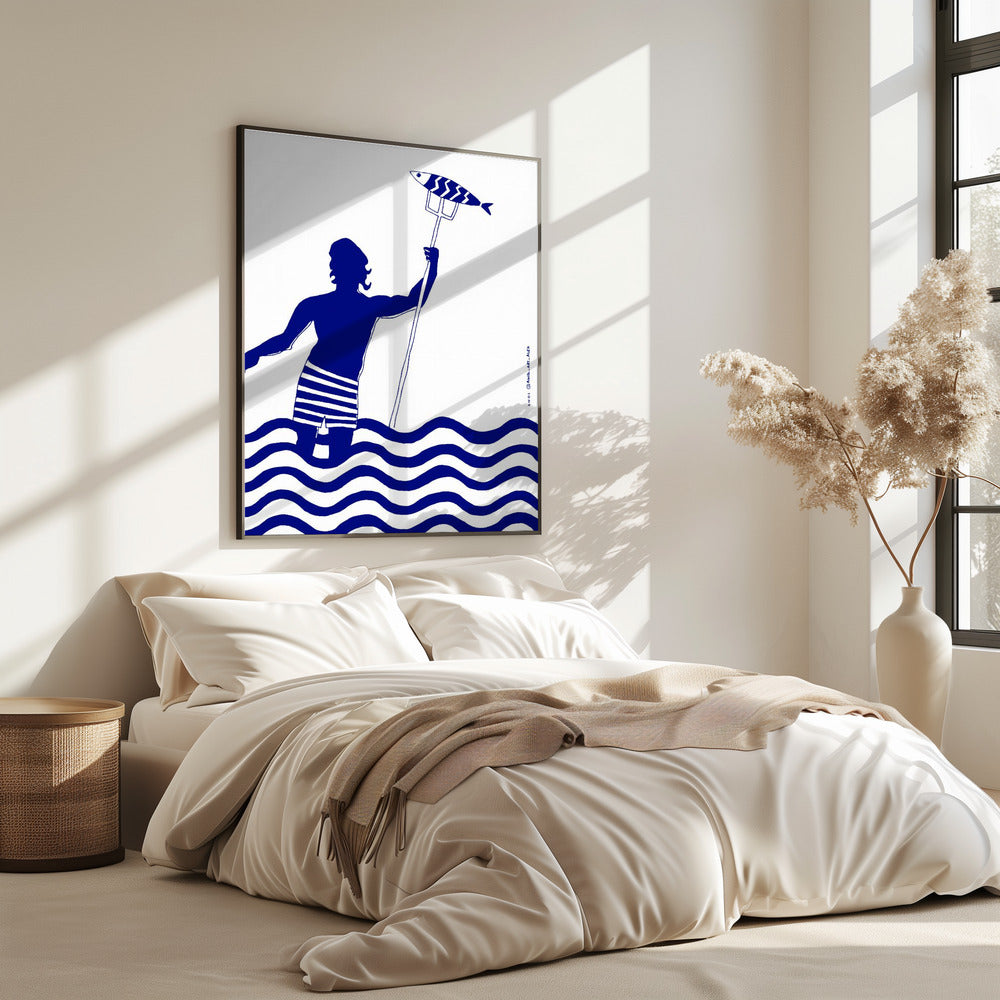 Modern Greek God Poseidon, Nautical Beach Art Print With Man Fishing In The Sea | Poster