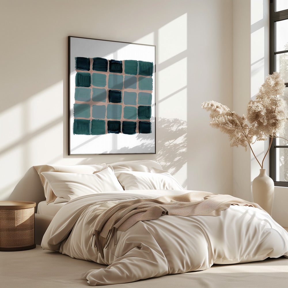 Blauwgroene geruite vierkante print | Poster
