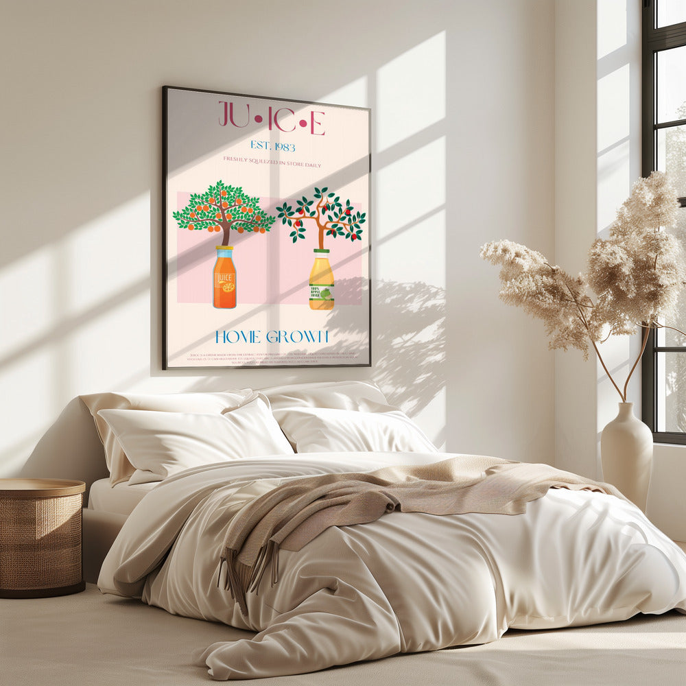 Sinaasappel- en appelbomen met sapflessen | Poster