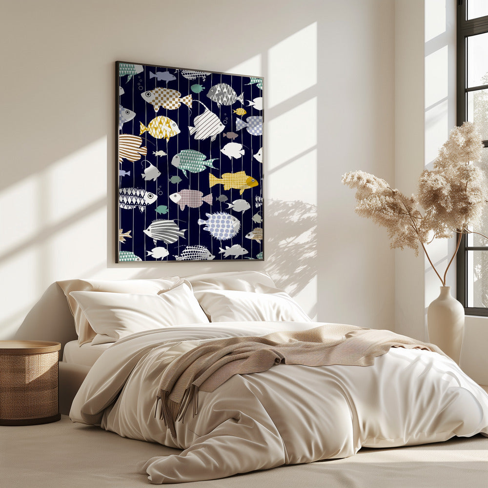 Verse vis op donkerblauw patroon | Poster
