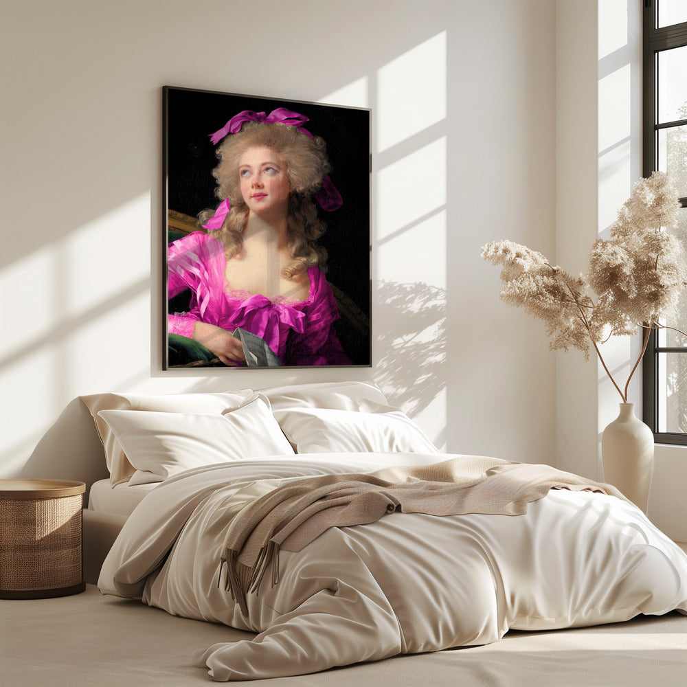 Woman in a Vibrant Pink Gown and Ribbon | Poster
