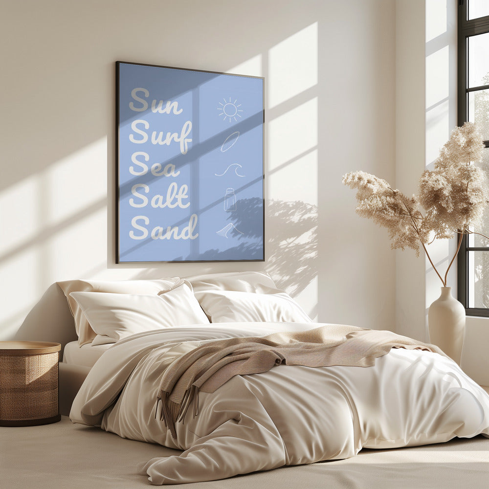 Zon, surf, zeezout, zand, lichtblauw | Poster