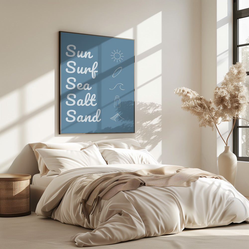 Zon, surf, zeezout, zand, donkerblauw | Poster