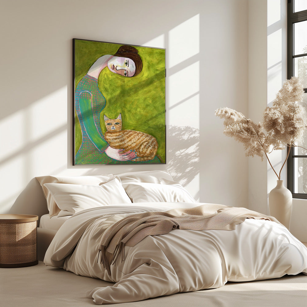 Bent Neck Lady met haar geliefde gemberkat. | Poster