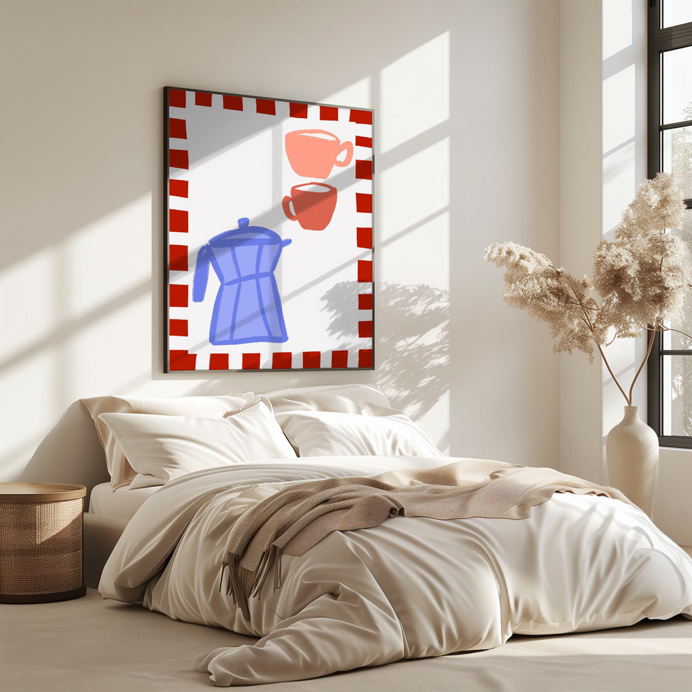 Minimalistische blauwe koffiepot en twee roze kopjes | Poster