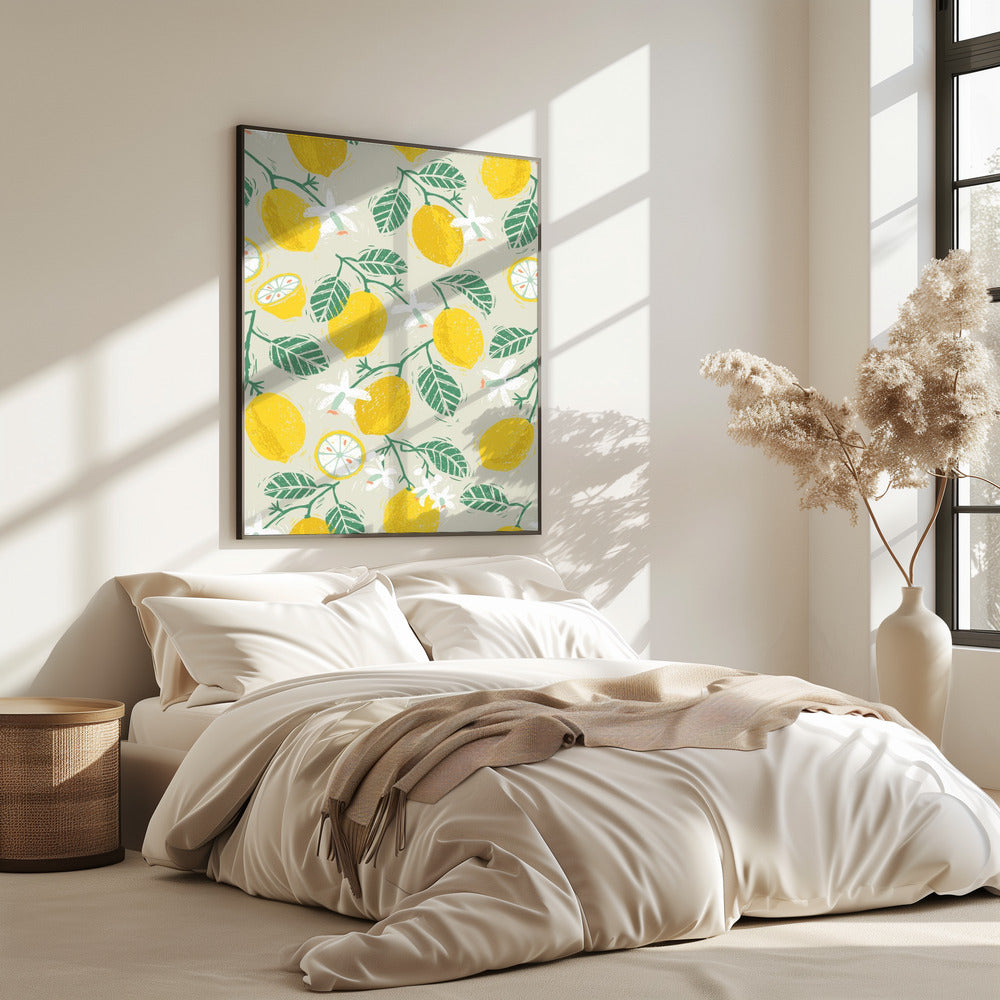 Gele citroen en groene bladeren | Poster