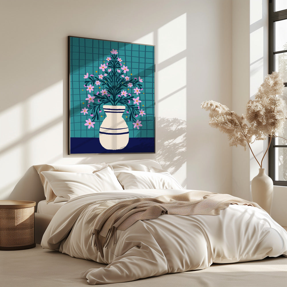 Turquoise bloemen in een vaas | Poster